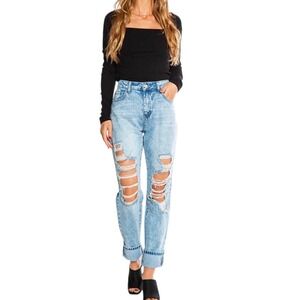 Juicy Couture Women's Light Wash Destroyed Straight Leg Chain Detail Jeans sz 24